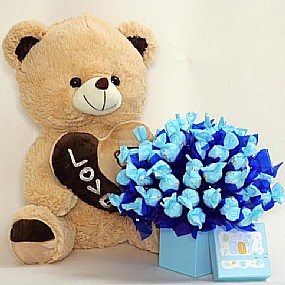 זר שוקולדים להולדת הבן ודובי זר שוקולדים להולדת הבן ודובי