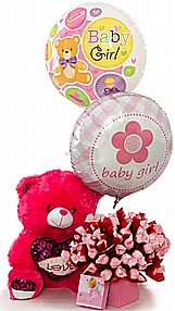 זר שוקולדים להולדת הבת דובי ו2 בלוני הליום